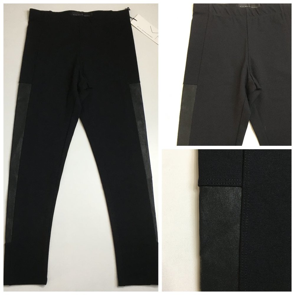 NWT MILA HERMANOVSKI Womens sz XS Black Oblong Stretch Lambskin Insert Leggings